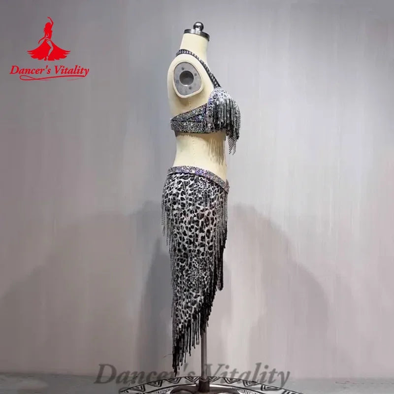 Belly Dance Costume Customized Rhinestone Tassels Bra+leopard Print Skirt 2ps Adult Children Oriental Dance Performance Costumes