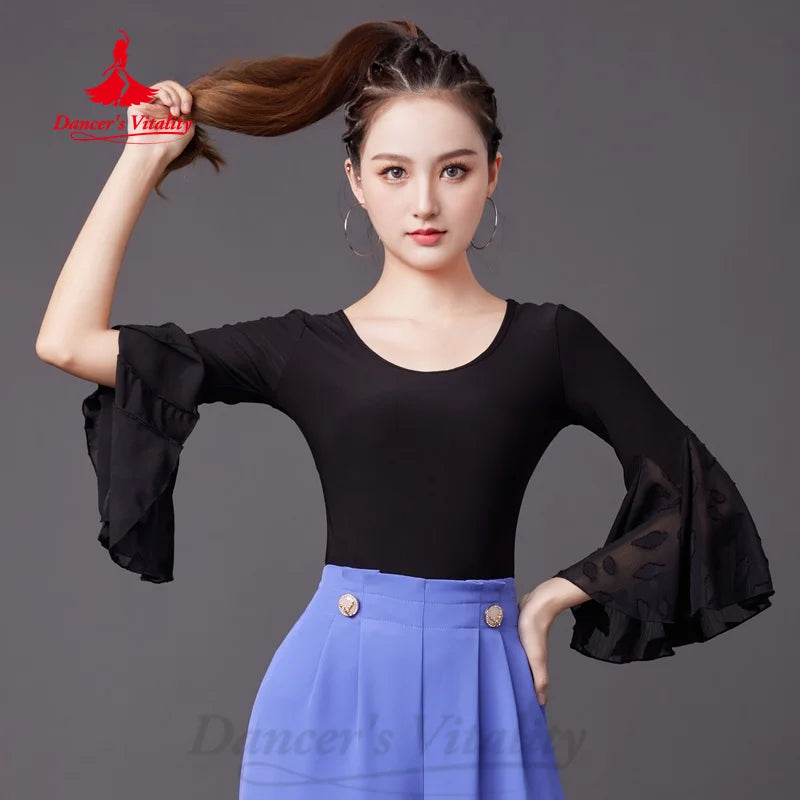 Latin Dance Practice Clothes Customized Black Slimming Flare Sleeve Top Tango Rumba Samba Girls Modern Dancing Training Clothing