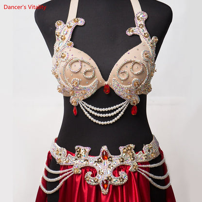 Belly Dance Competiton Costume Suit for Women Custuomized Bra+belt+satin Long Skirt 3pcs Oriental Belly Dancing Stage Wear
