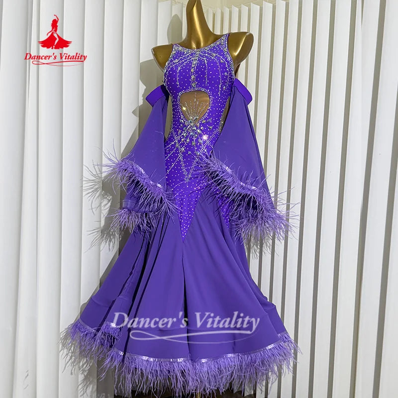 Social Dance Costume Women Customized High End Luxury AB Stones Feather Waltz Foxtrot Performance Clothing Dancer's Vitality