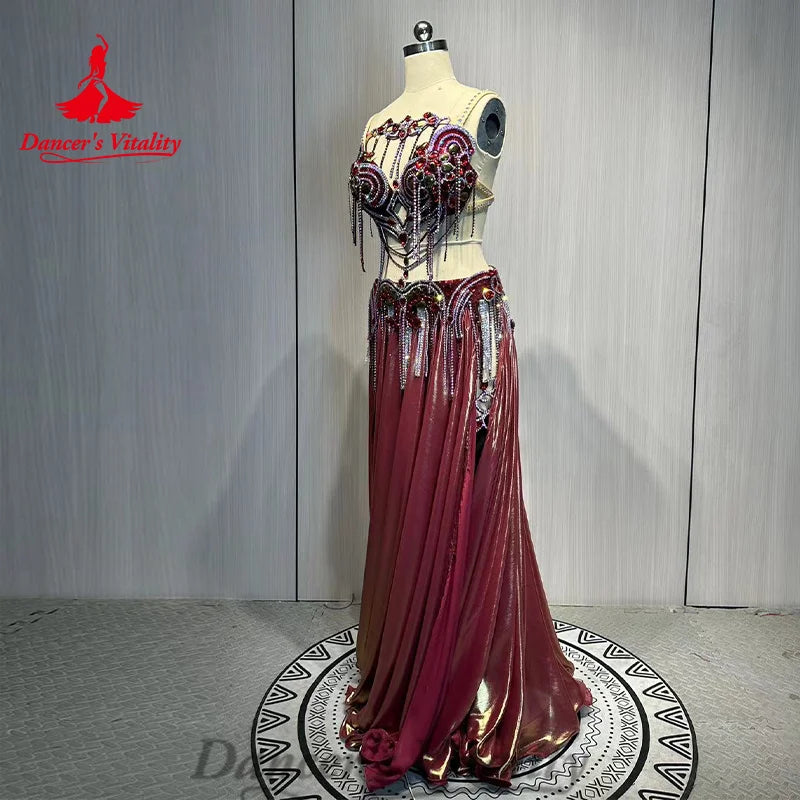 BellyDance Costume Advanced Rhinestone Bra+Tassel Split Long Skirt 2ps Customized Adult Children Oriental Dance Performance Set