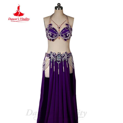 BellyDance Performance Costume Women Customization Luxury Diamond Bra+Sexy Split Chiffon Long Skirt 2pcs Oriental Dance Outfit