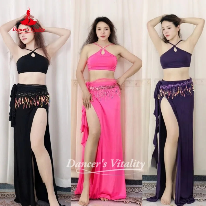 Belly Dance Practice Clothes Top+Skirt+Hip Scarf 3pcs for Adult Soft and Comfortable Oriental Dance Clothing Dancer's Vitality