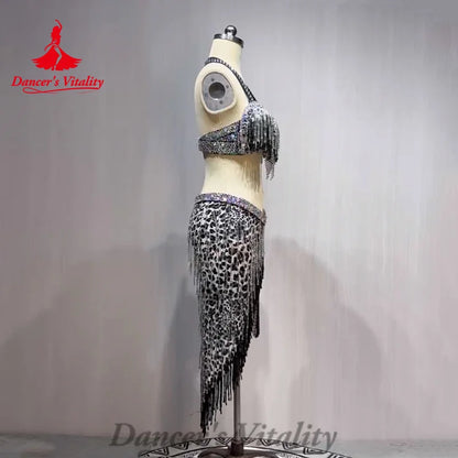 Belly Dance Costume Customized Rhinestone Tassels Bra+leopard Print Skirt 2ps Adult Children Oriental Dance Performance Costumes