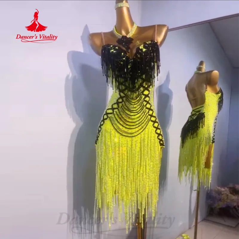 Latin Dance Performance Costumes Adult Children Customized Luxury Full Diamond Tassel Dress Chacha Samba Competition Dresses