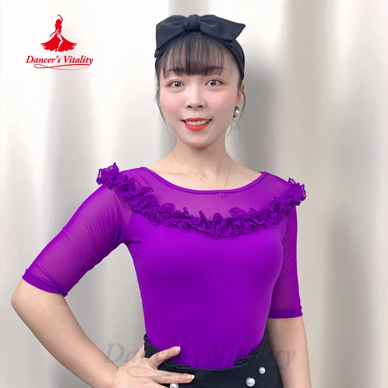 Modern Dancing Practice Clothes Customized Comfortable and Breathable Half Sleeved Top Women Latin Dance Tango Chacha Clothing