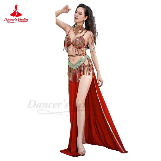 Belly Dance Performance Costume Suit Women Children Customsized AB Stones Bra+necklace+split Long Skirt 3pcs Bellydance Outfit