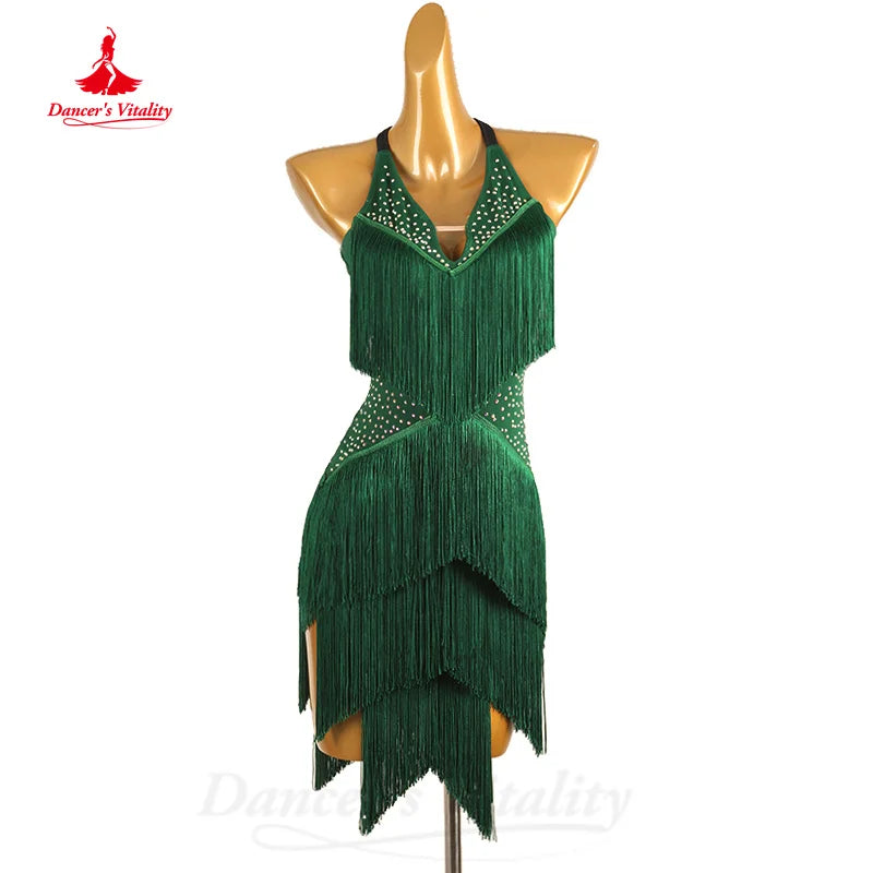 Latin Dance Clothing Women Customized AB Stones Sexy Backless Tassel Dress Tango Chacha Samba Professional Competition Dresses