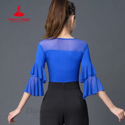 Latin Dance Tops Women's Customized Summer Comfortable and Breathable Horn Sleeves Top Tango Chacha Rumba Practice Clothes