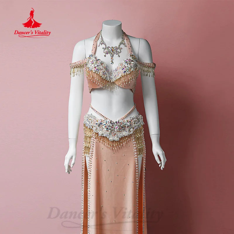 Bellydance Suit Women Customized Exquisite Pearls Bra +Luxury Rhinestones Long Skirt 2pcs Oriental Dance Performance Clothing