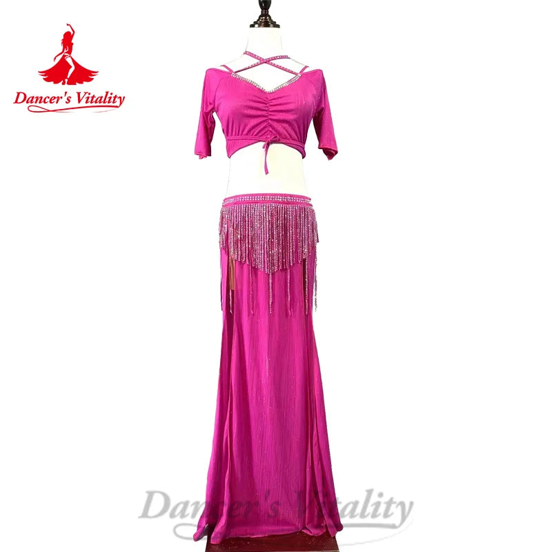 Belly Dance Costume Customized Short Sleeve V-neck Top+tassels Long Skirt 2pcs Oriental Dance Professional Performance Clothing