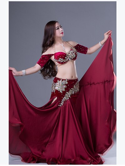 Belly Dance Competiton Costume Senior Velvet Bra+split Long Skirt 2pcs for Women Oriental Belly Dancing Performance Clothing