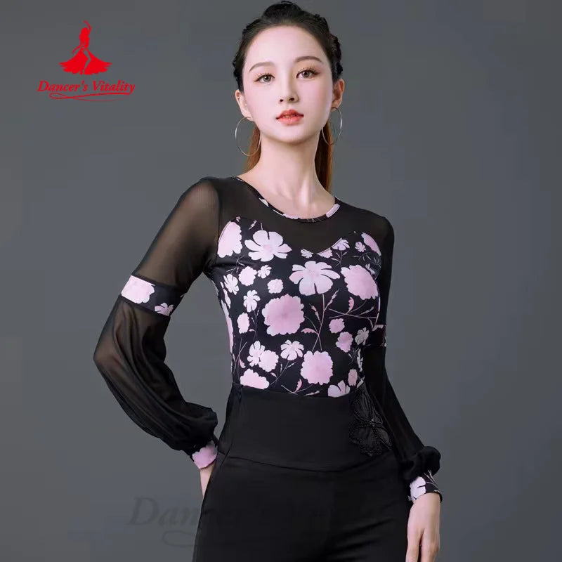 Latin Dancing Modern Dance Costume Women's Customized High Grade Printed Long Sleeved Top Tango Chacha Samba Training Clothes