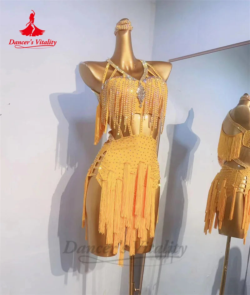 Latin Dance Tassel Dresses for Women B Stones Rumba Chacha Tango Performance Competiton Clothes Adult Child Latin Fringe Dresses