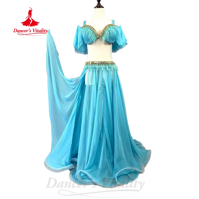 BellyDance Costume Customized Senior AB Stones Feather Bra+Sexy Split Chiffon Long Skirt 2pcs Belly Dance Performance Clothing