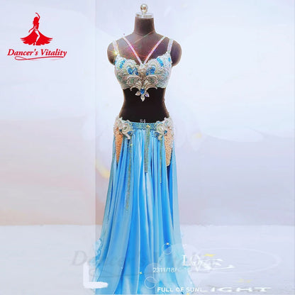 Belly Dance Perpormance Costume Suit for Women Senior AB Stones Bra+satin Split Long Skirt 2pcs Oriental Belly Dancing Outfit