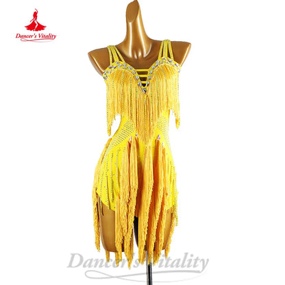 Latin Dance Competition Dresses Customized Luxury Rhinestone Backless Tassel Dress Adult Children Chacha Performance Costumes