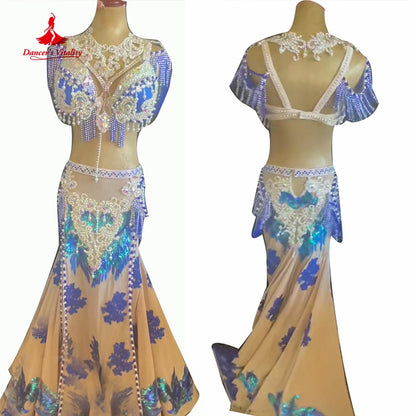 Belly Dance Performance Suit for Women Children Customzied Bra+long Skirt 2pcs Oriental Belly Dancing Competiton Solo Outfit