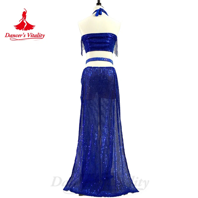 BellyDance Costume Suit Women's Customization Sleeveless Fringe Top+sequin Split Long Skirt Oriental Dance Performance Costumes