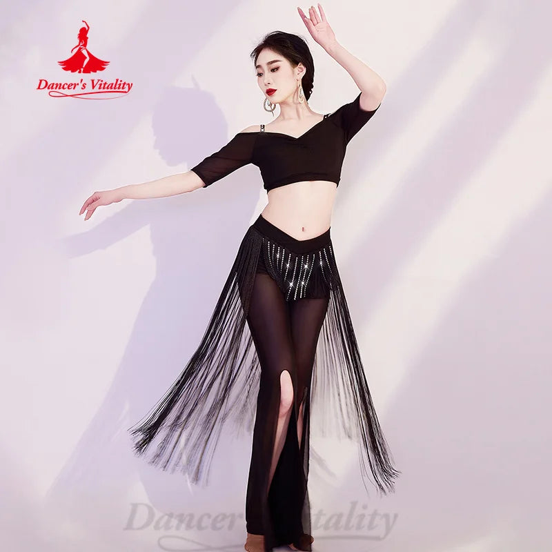 BellyDance Practice Set Women's Customized Half Sleeved V-neck Top+Tassel Split Pants 2pcs Oriental Dance Performance Clothing