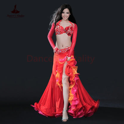 Belly dance clothing women luxury belly dance suit bra+shoulder+belt+skirt 4pcs belly dance clothes suit performance suit S M L