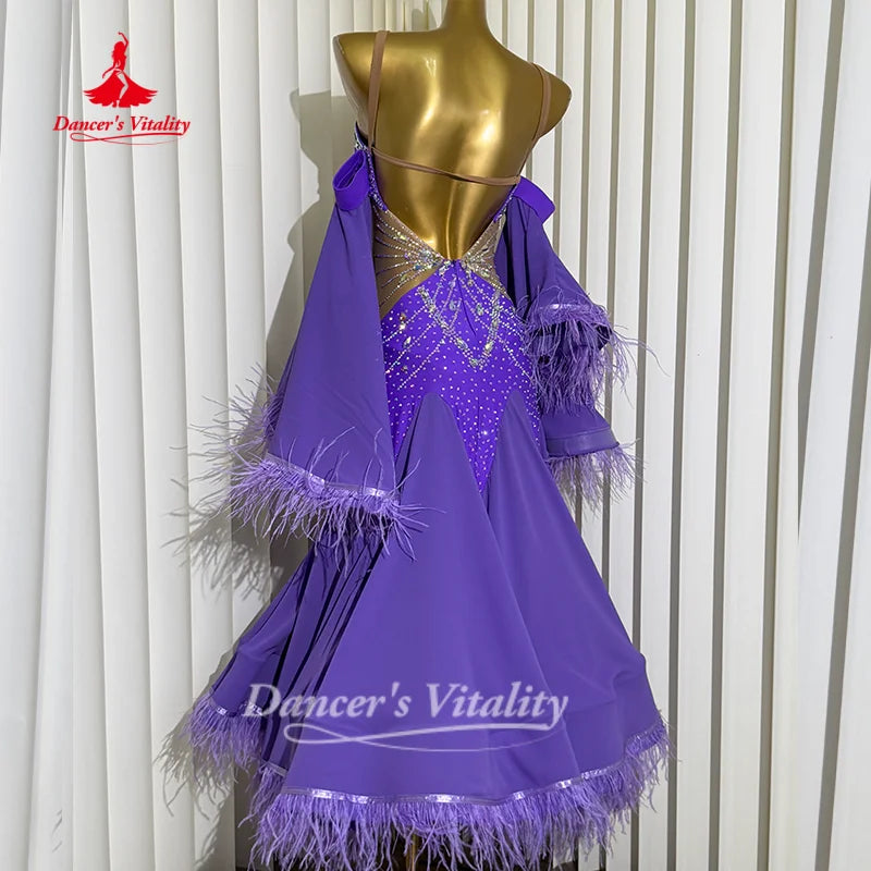 Social Dance Costume Women Customized High End Luxury AB Stones Feather Waltz Foxtrot Performance Clothing Dancer's Vitality
