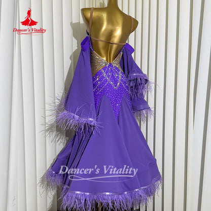 Social Dance Costume Women Customized High End Luxury AB Stones Feather Waltz Foxtrot Performance Clothing Dancer's Vitality
