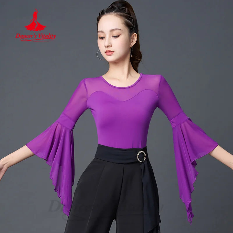 Latin Dancing Costumes Women's Customization Comfortable and Slimming Flared Sleeve Top Chacha Tango Rumba Practice Clothes