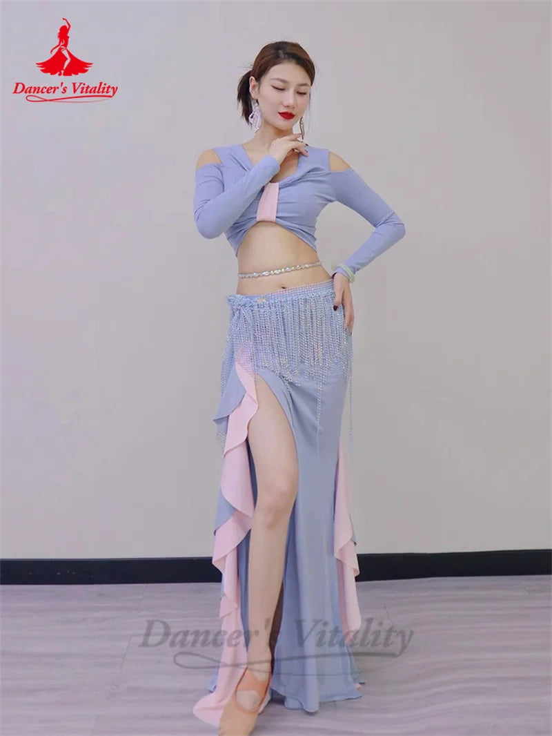 Belly Dance Training Suit Costumes for Women Winter Long Sleeves Top and Lotus Leaf Long Skirt Adult Belly Dancing Outfit