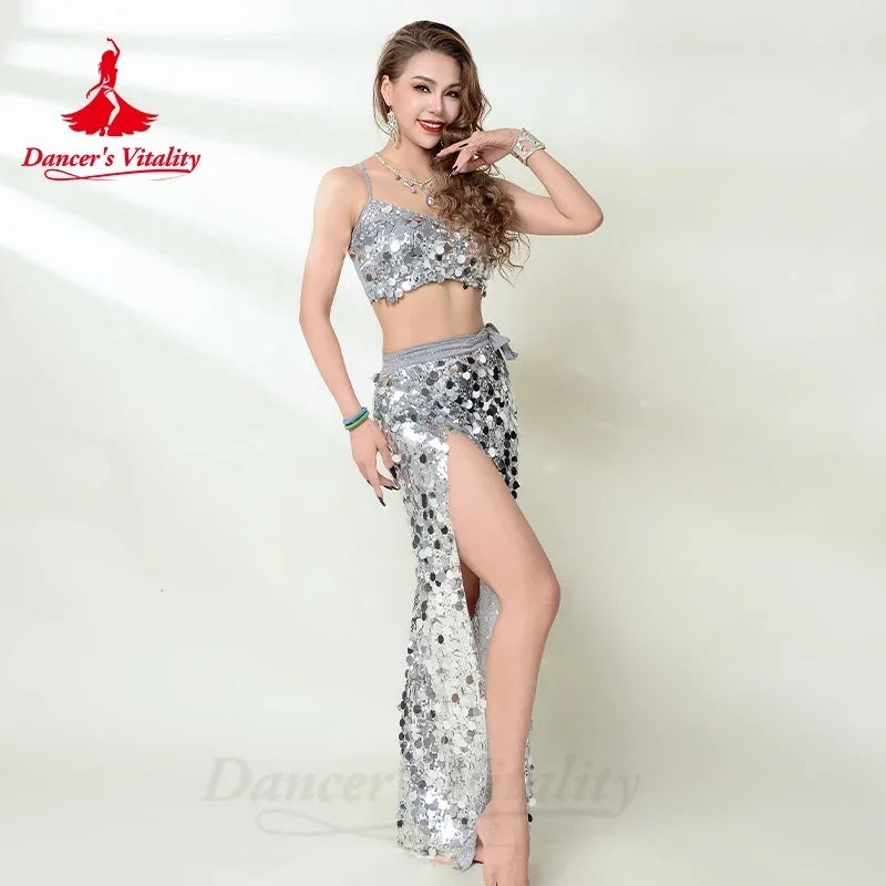 Belly Dance Performance Costume for Women Customsized Sequins Bra Top+long Hip Skirt 2pcs Adult Child Oriental Bellydance Outfit