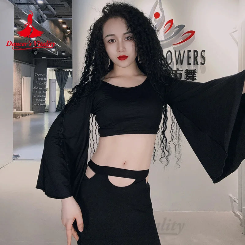 BellyDance Comfort Pure Cotton Set Customized Trumpet Sleeve Top+sexy Hip Wrap Skirt 2pcs Oriental Dance Performance Costumes