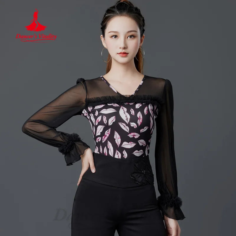 Latin Dance Long Sleeved Tops Customized High End Printed Slimming Top Women's Tango Chacha Samba Professional Training Clothes