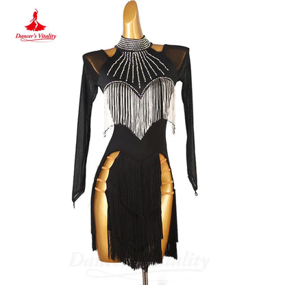 Latin Dance Clothing Customized Long Sleeved Sexy Backless Tassel Dress Adult Children Tango Chacha Lombard Performance Costumes