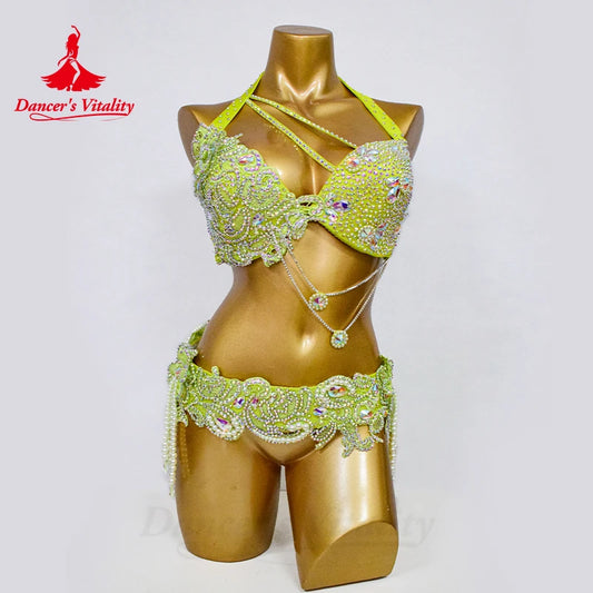 Belly Dance Performance Set for Women Senior AB Stones Bra+belt Pcs Customsized Oriental Belly Dancing Competiton Suit