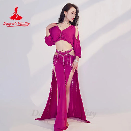 Belly Dance Performance Costume Set Women Half Sleeves Top+AB Stones Long Skirt 2pcs for Girl's Oriental Belly Dancing Outfit