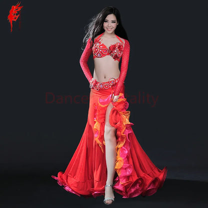 Belly dance clothing women luxury belly dance suit bra+shoulder+belt+skirt 4pcs belly dance clothes suit performance suit S M L