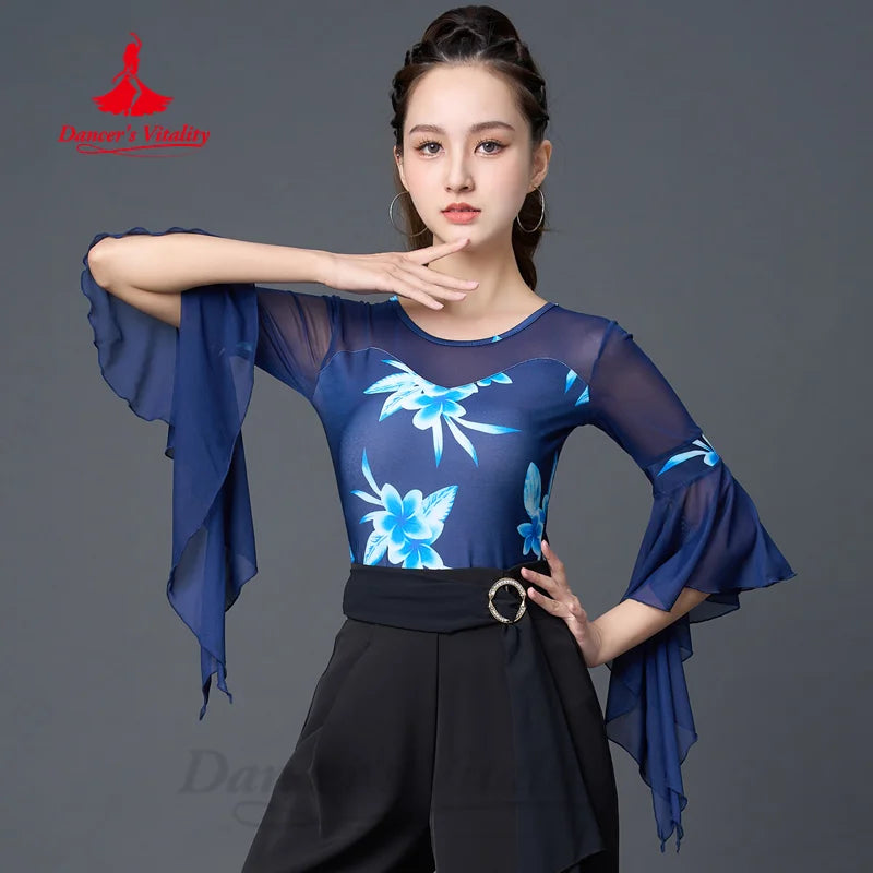 Latin Dance Practice Clothing Women's Customized High End Printed Flare Sleeve Top Chacha Rumba Samba Performance Costume