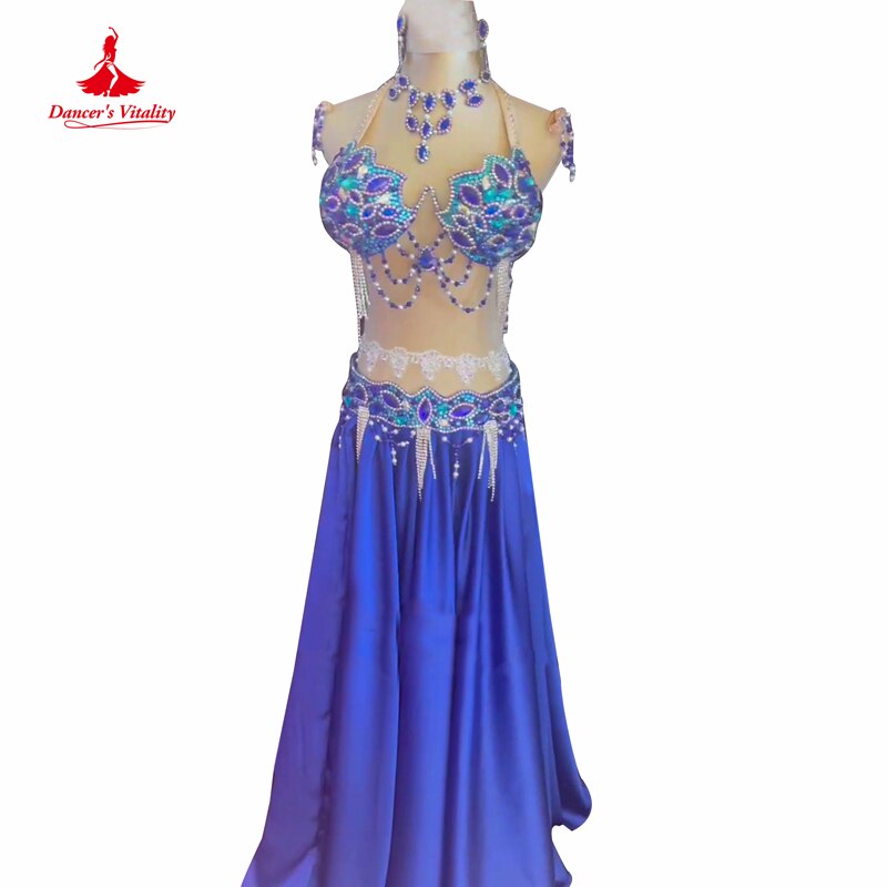 Belly Dance Performance Set for Women Customzied Bra+Belt+Satin Long Skirt 3pcs Oriental Set Adult Children Bellydancing Outfit