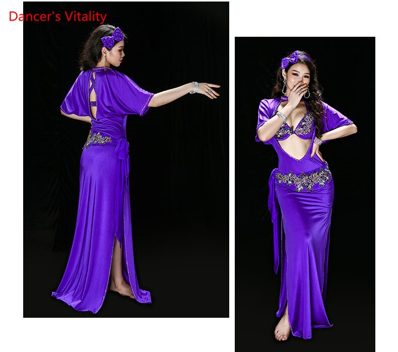 Belly Dance Performance Clothing for Women Shaabi Baladi 4pcs Bra+Robe+Headband+Belt+Underpants Belly Dancing Stage Robes