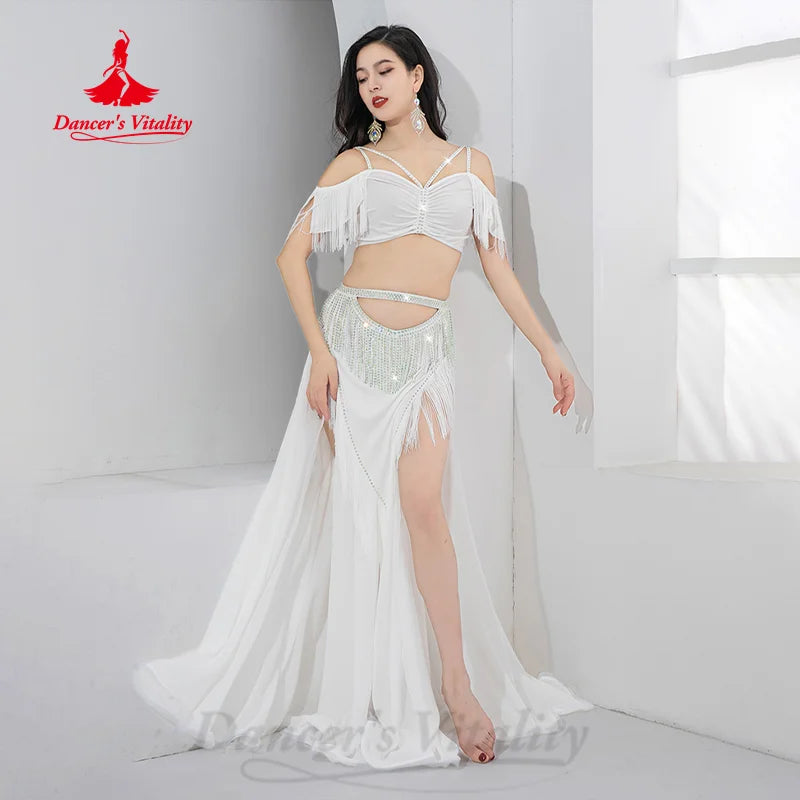 Bellydance Practice Clothes Customized V-neck Sleeveless Top+AB Stones Tassel Long Skirt 2pcs Belly Dance Performance Costumes