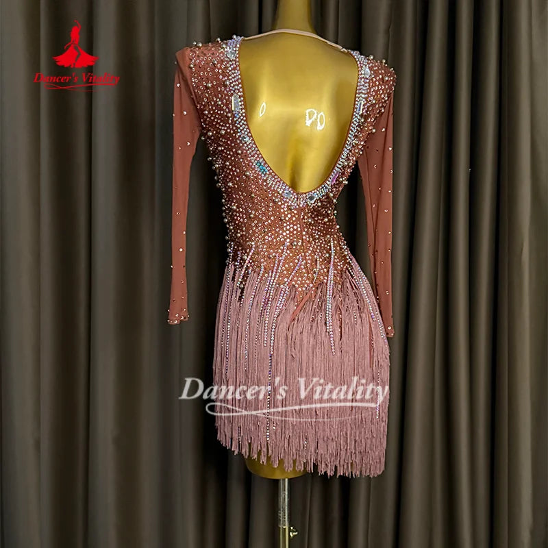 Latin Dance Dresses Custom AB Stones Tassel Long Sleeved Dress for Adult and Children's Competition Clothing Dancer's Vitality