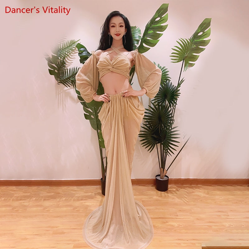 Belly Dance Practice Clothes Female Oriental Dance Top+sleeves+long Skirt 3pcs for Women Belly Dancing Outfit Bellydance Set