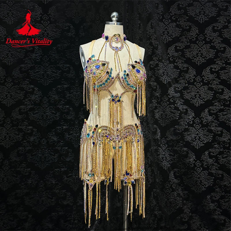 Belly Dance Costume Women's Customized High End Luxury AB Stones Tassel Suit Oriental Dance Professional Performance Clothing