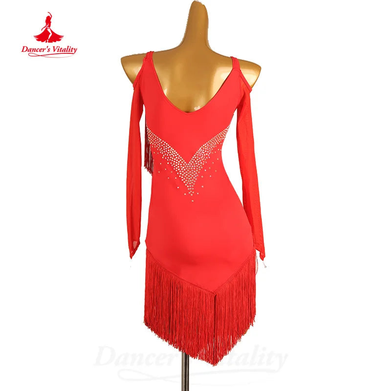 Latin Dance Performance Costumes Customized Long Sleeved Light Luxury Rhinestone Tassel Dress Tango Chacha Competition Dresses