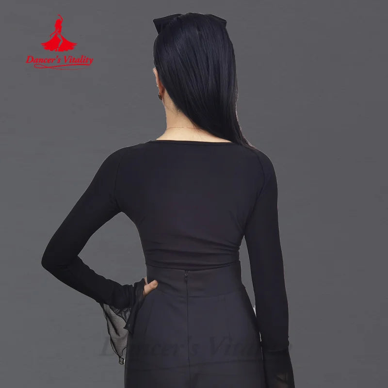 Latin Dance Practice Clothes Women's Customized Black Slimming Flare Sleeve Top Tango Chacha Professional Performance Clothing