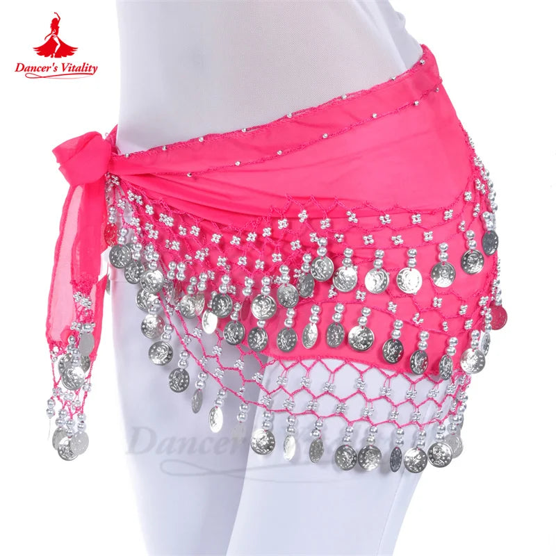 Belly Dance Belt for Women Chiffon Gold Coines Oriental Dancing Wear Accessies Girl's Chiffon Silver Coines Bellydance Hip Scarf