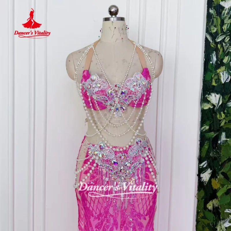 Belly Dance Outfit Customized Senior AB Stones Bra+Sequined Fishtail Long Skirt 2pcs Oriental Dance Clothing Dance's Vitality