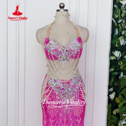 Belly Dance Outfit Customized Senior AB Stones Bra+Sequined Fishtail Long Skirt 2pcs Oriental Dance Clothing Dance's Vitality