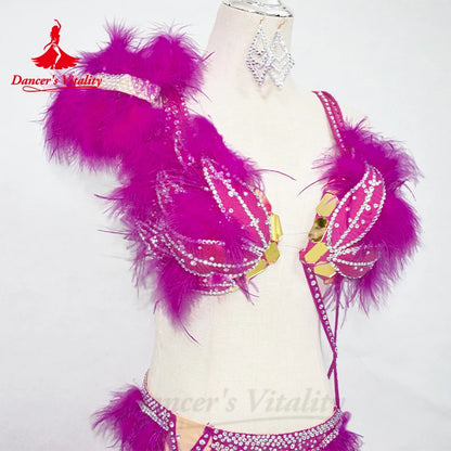 Bellydance Clothing Set Women Customized High End Luxury AB Stones Feather Suit Oriental Dance Professional Performance Costumes