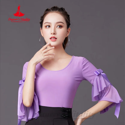 Modern Dancing Practice Costume Women's Customized Comfortable and Breathable Horn Sleeves Top Latin Dance Training Clothing